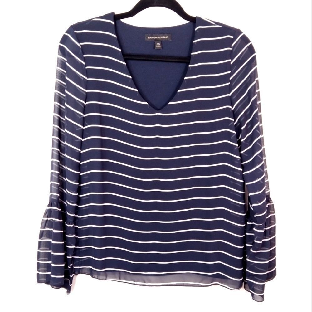 Banana Republic Navy White Striped Ruffle Shirt XS
